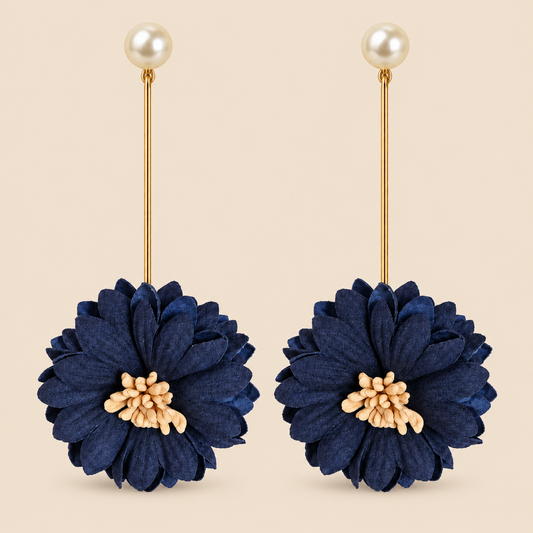 Pendientes largos de flor azul marino con detalle de perla