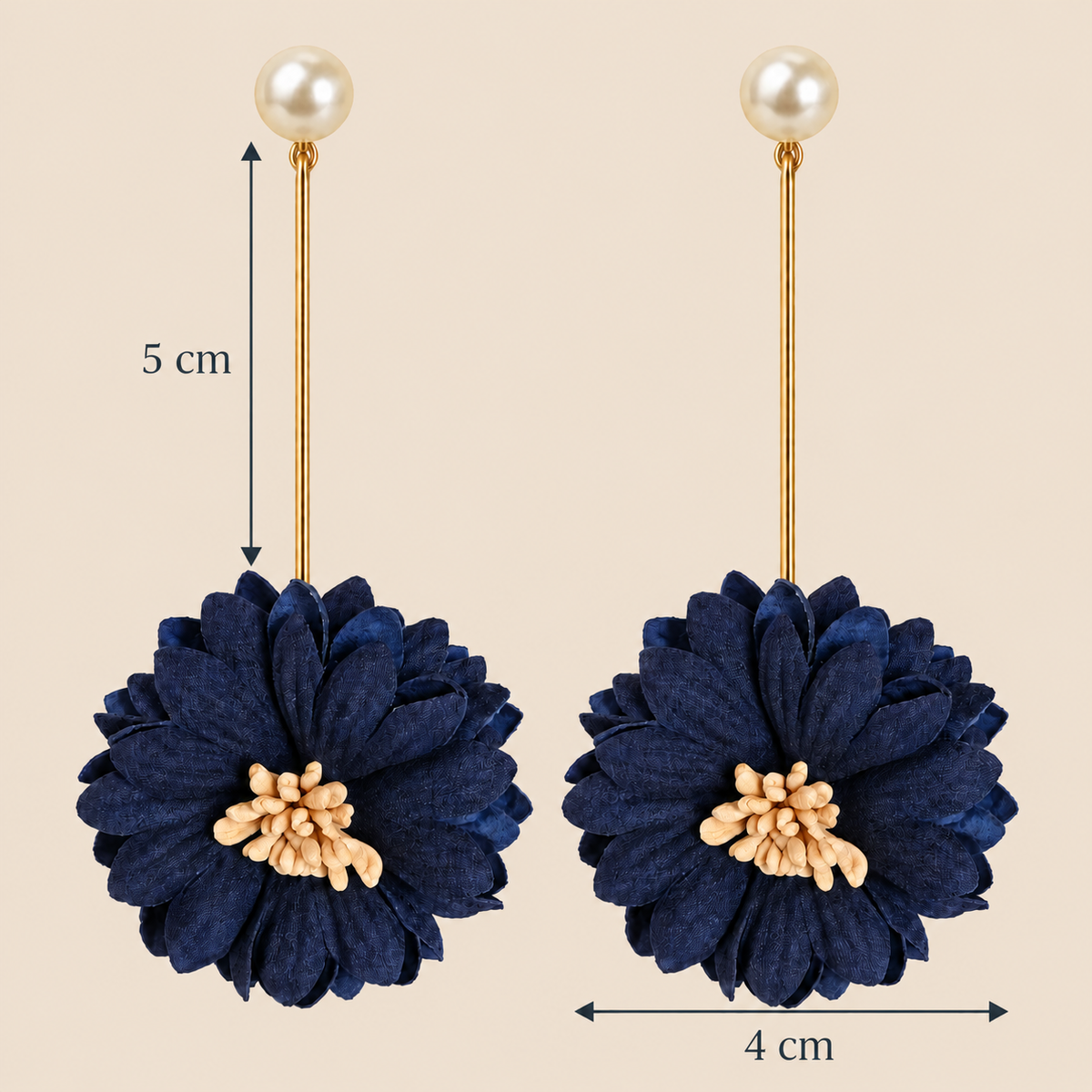 Pendientes largos de flor azul marino con detalle de perla
