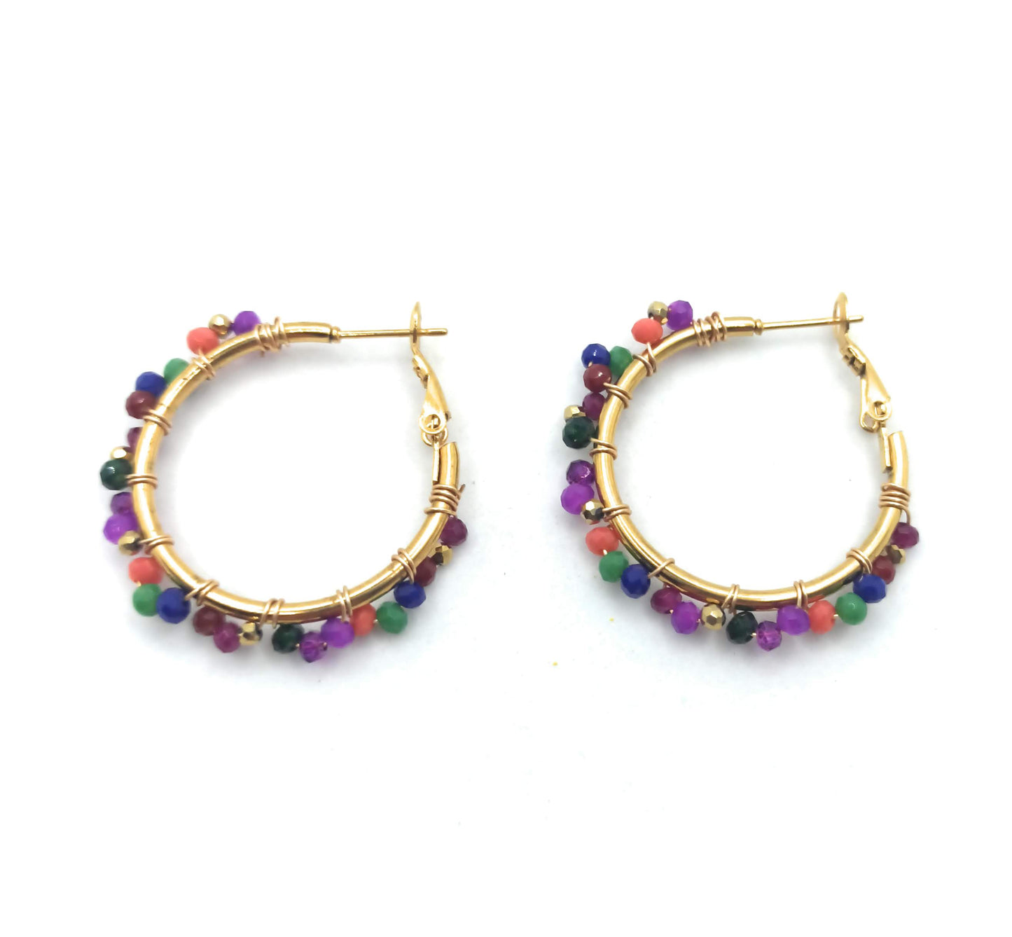 Pendientes Aros Dorados · Cristales Multicolor