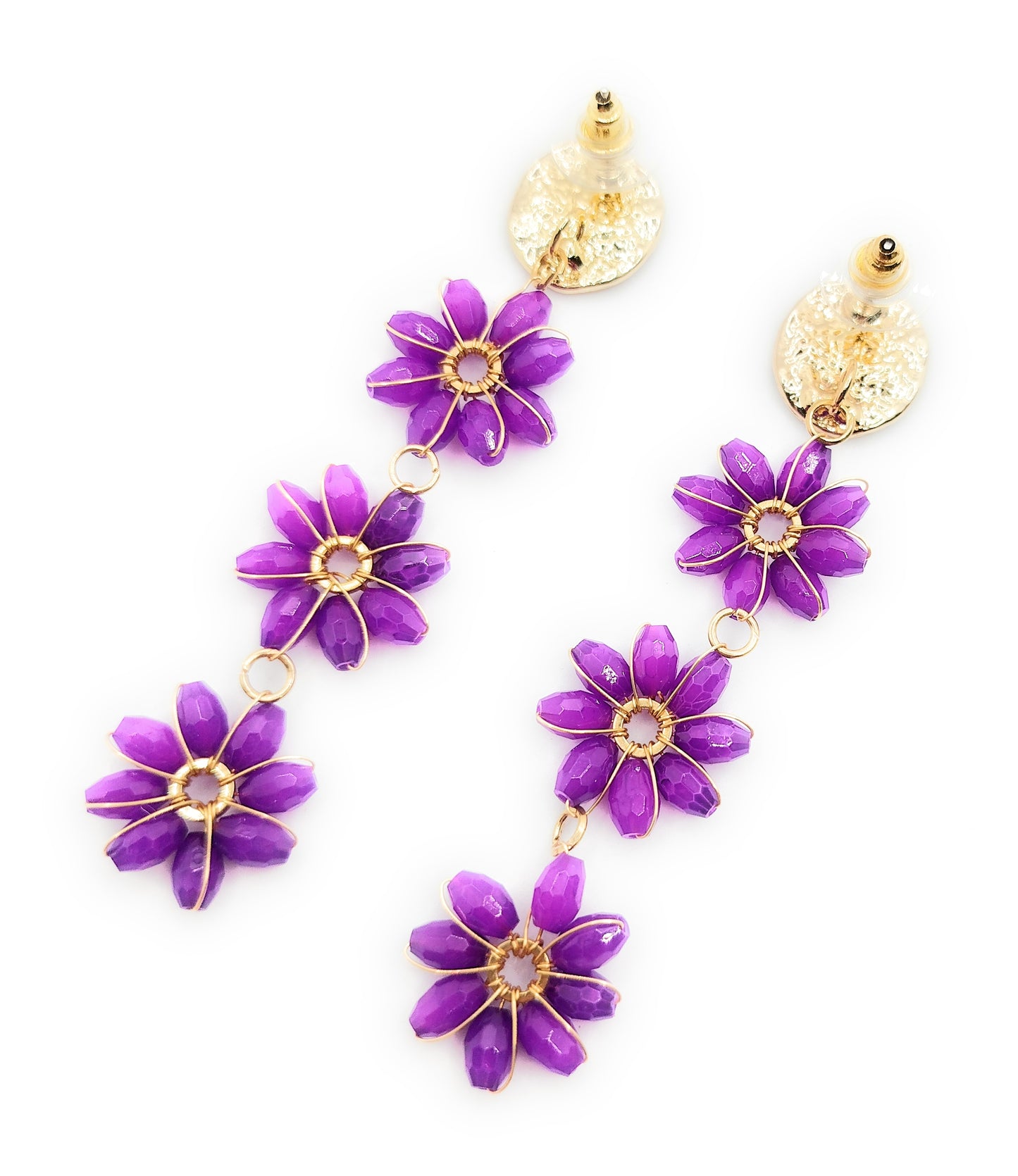 Pendientes Largos Triple Cristales Color · Flores Morado