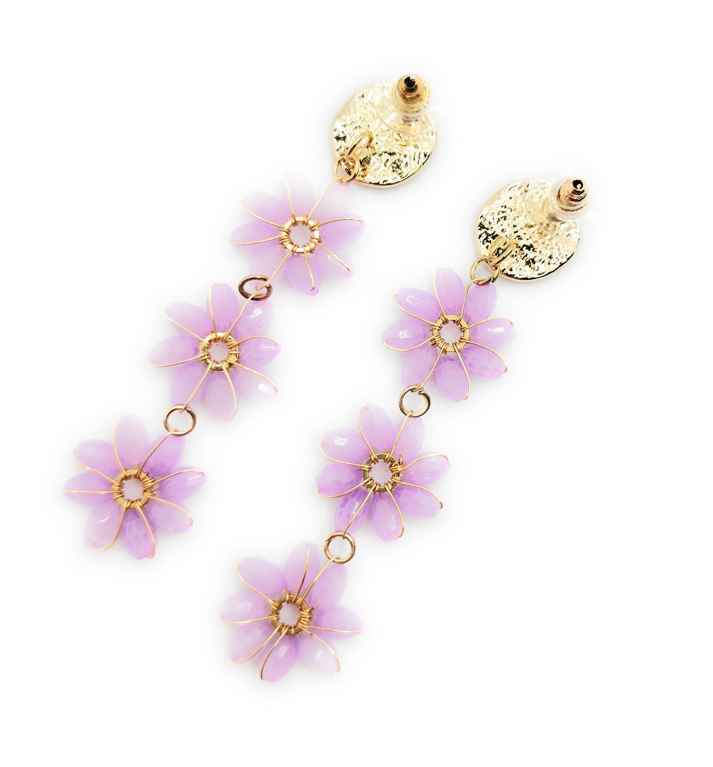 Pendientes Largos Triple Cristales Color · Flores Malva