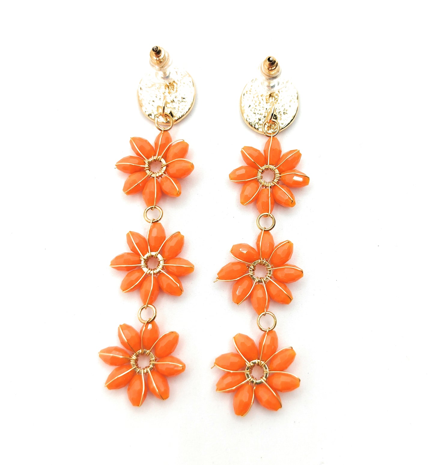 Pendientes Largos Triple Cristales Color · Flores Naranja