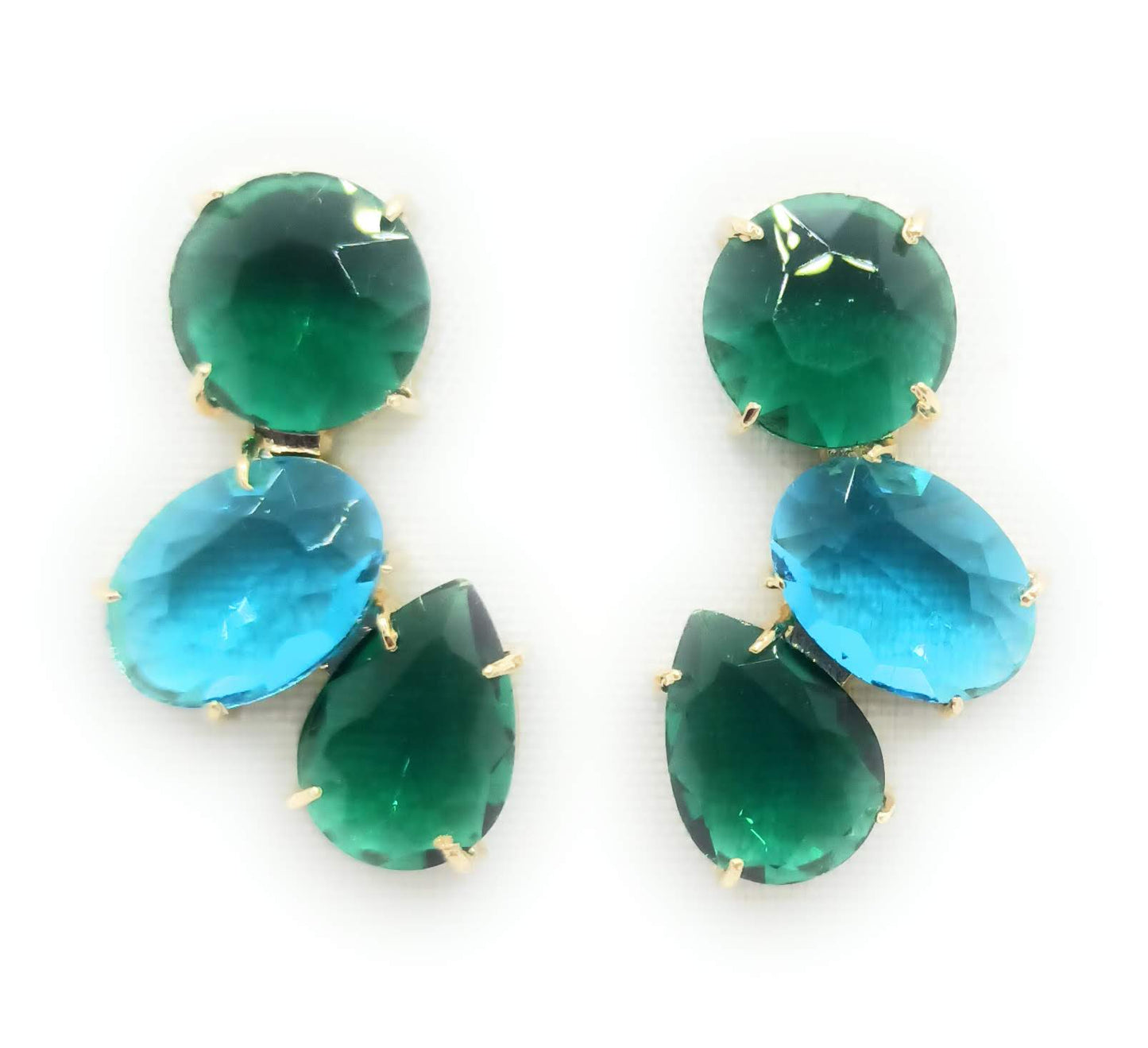Pendientes Largos con Cristales de Colores · Verde Celeste Esmeralda