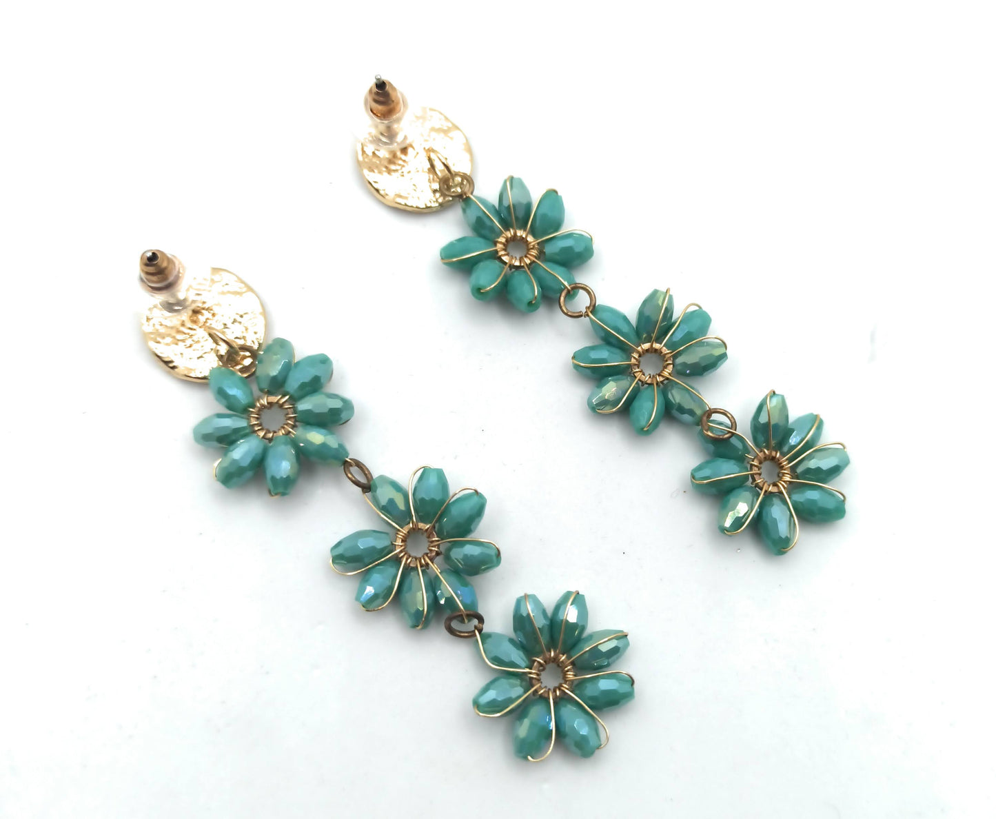 Pendientes Largos Triple Cristales Color · Flores Verde Esmeralda