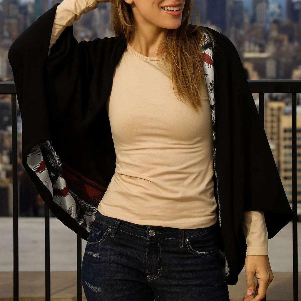 Poncho Abierto Reversible de Punto · IKAT/Negro (últimas unidades!)