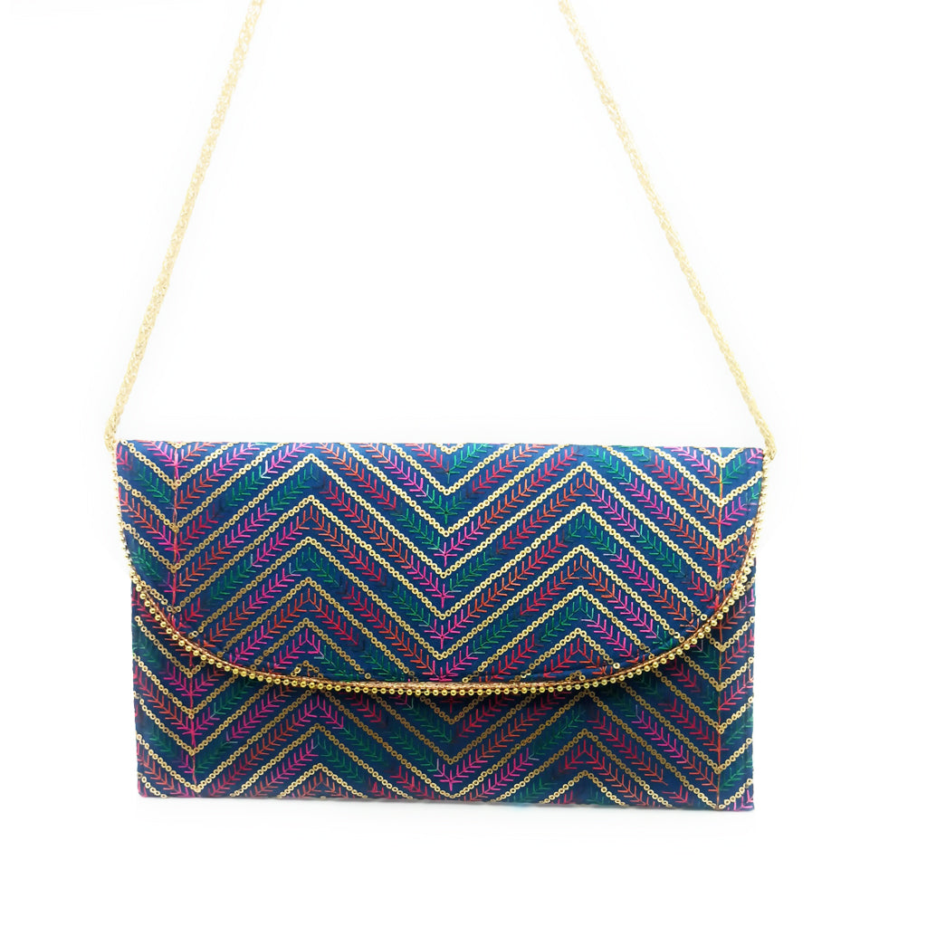 Cartera De Mano Grande · Artesanía bordada, Azul Multicolor