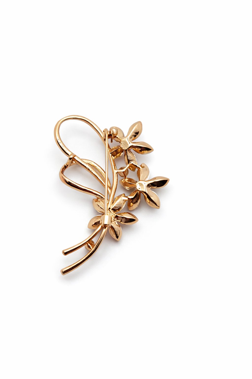 Broche joya dorado exclusivo triple floral con cristales azules y circonitas