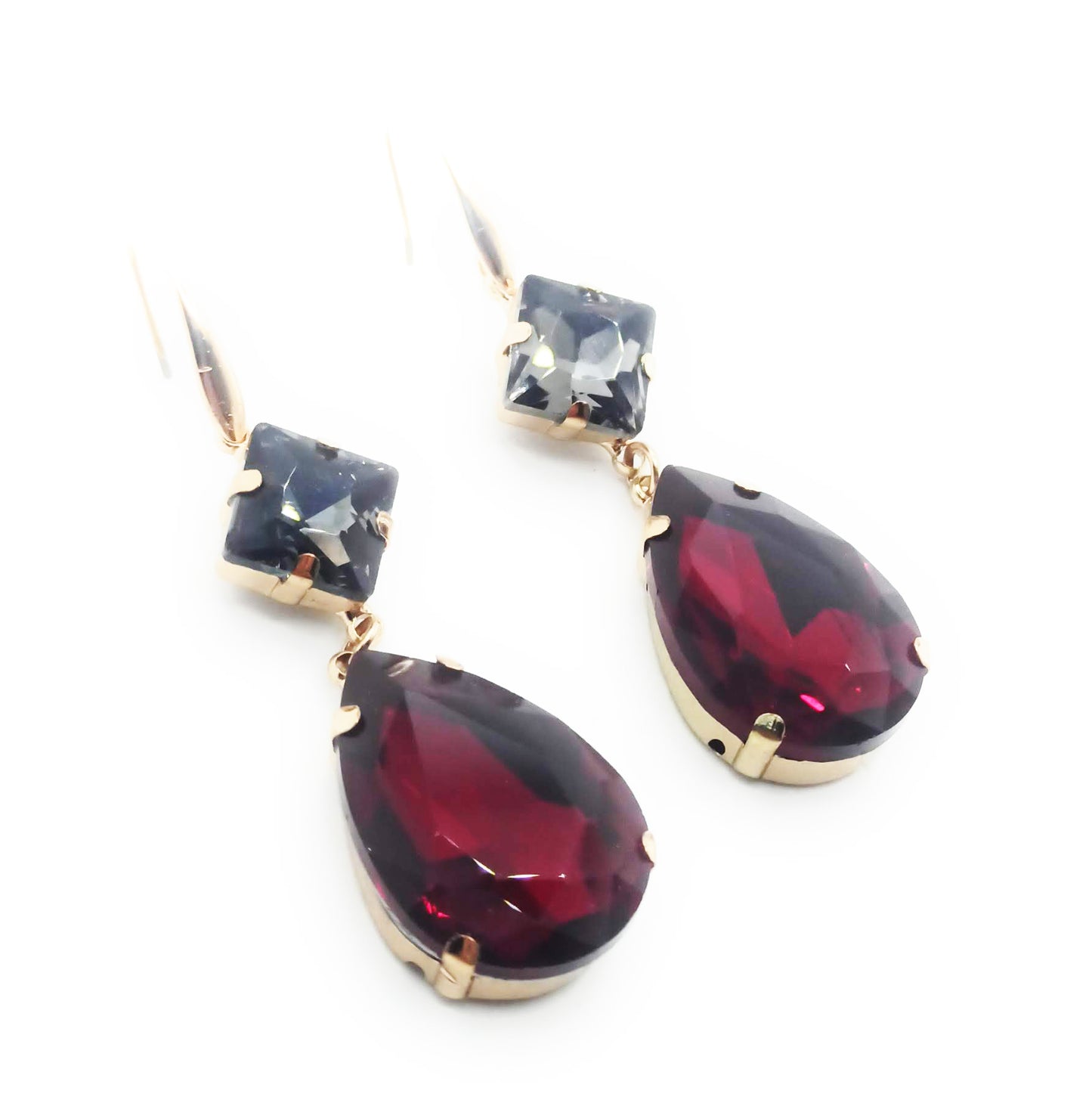 Pendientes Largos de Cristales de Colores XL · Lágrima Gris Rojo Rubí