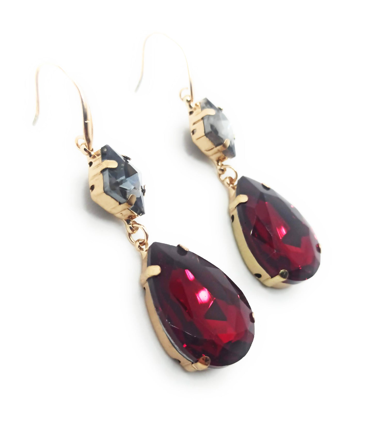 Pendientes Largos de Cristales de Colores XL · Lágrima Gris Rojo Rubí