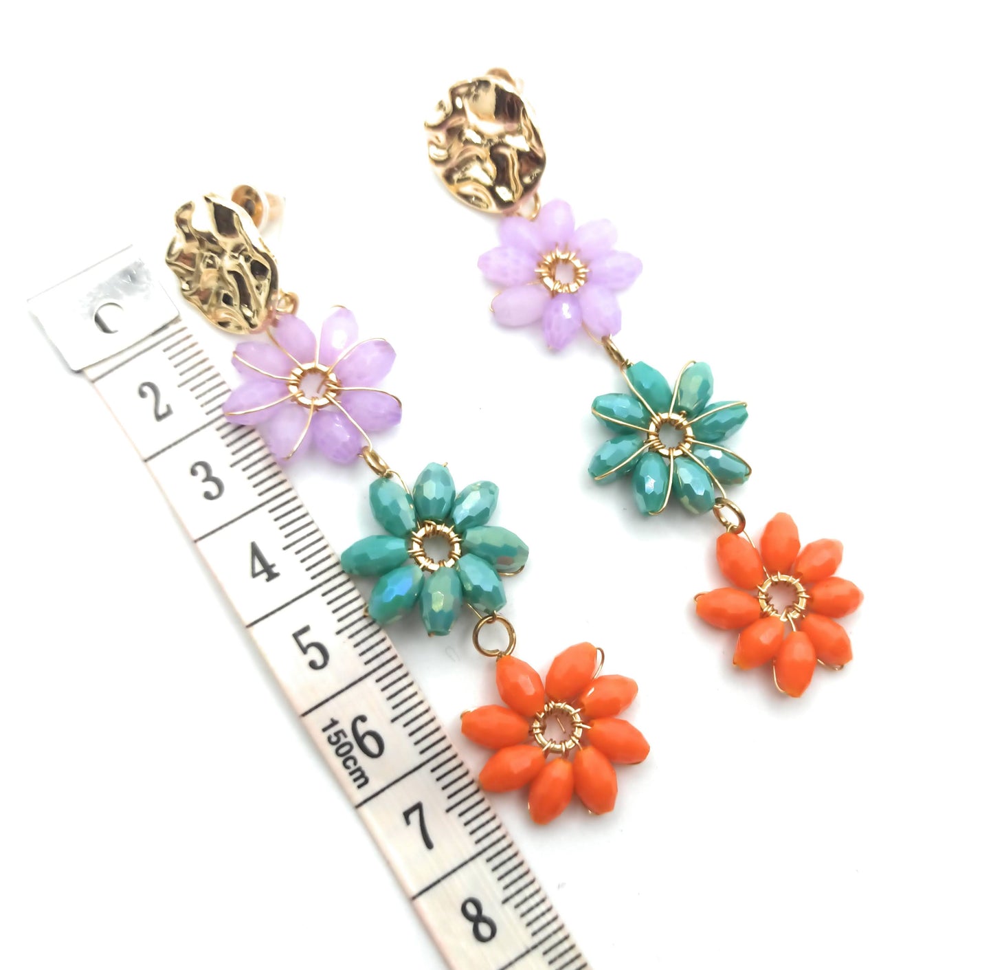 Pendientes Largos Triple Cristales Color · Flores Multicolor