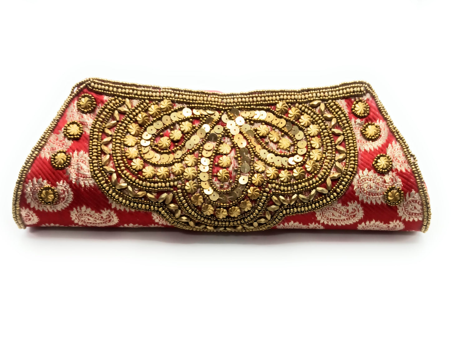 Cartera De Mano Bolso Fiesta · Artesanía étnica bordada, Trapecio Rojo - Asa Corto