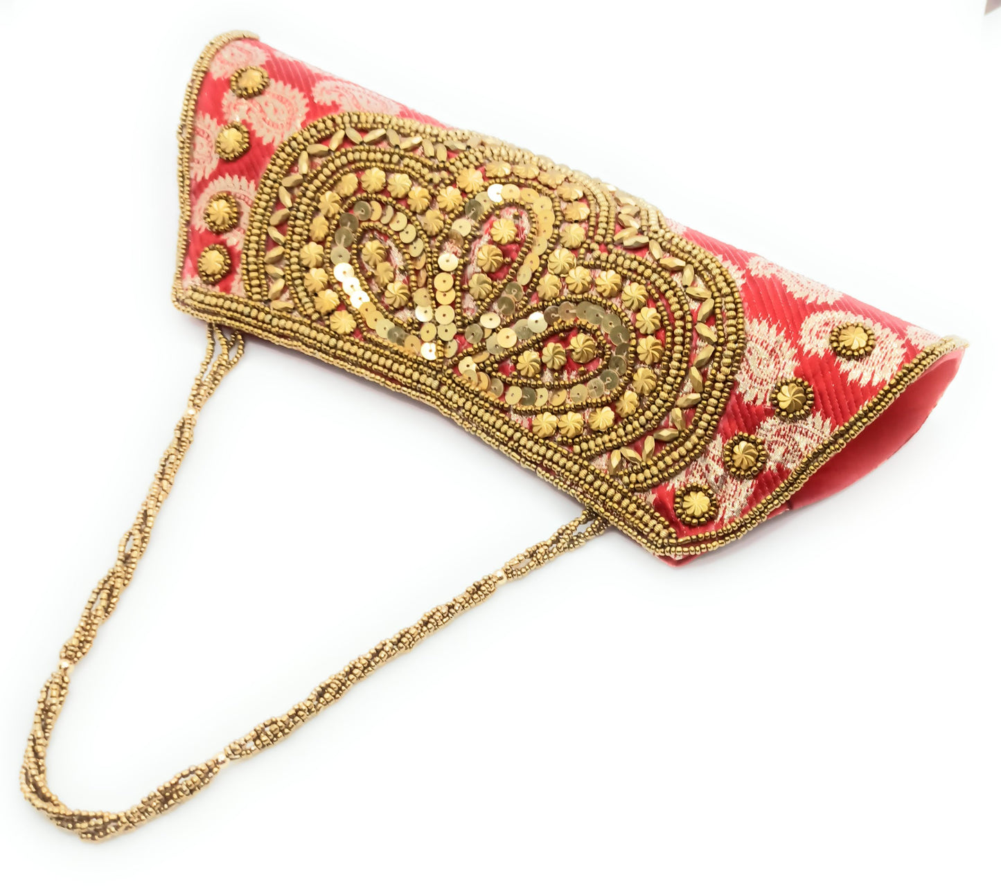 Cartera De Mano Bolso Fiesta · Artesanía étnica bordada, Trapecio Rojo - Asa Corto