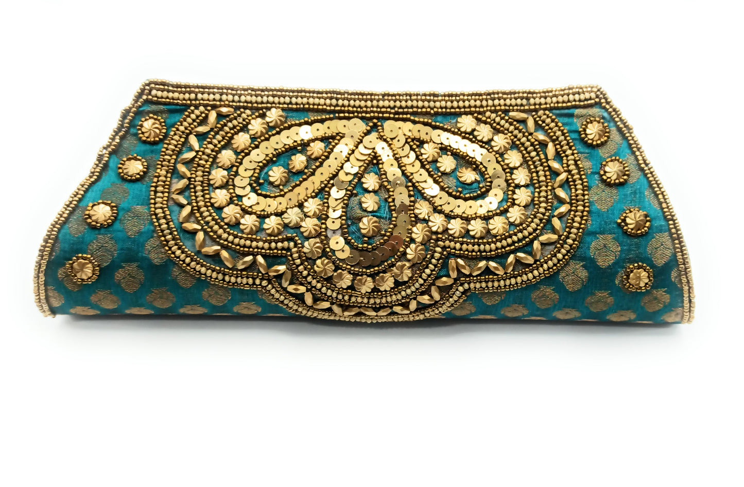 Cartera De Mano Bolso Fiesta · Artesanía étnica bordada, Trapecio Esmeralda - Asa Largo (últimas unidades!)