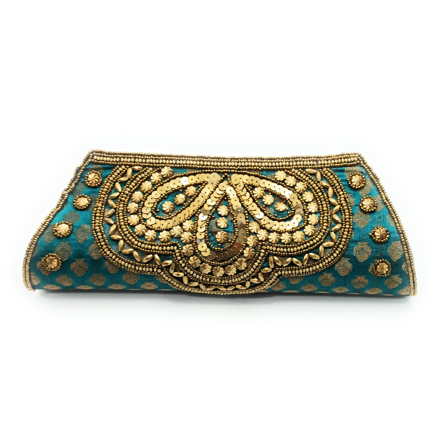 Cartera De Mano Bolso Fiesta · Artesanía étnica bordada, Trapecio Esmeralda - Asa Largo