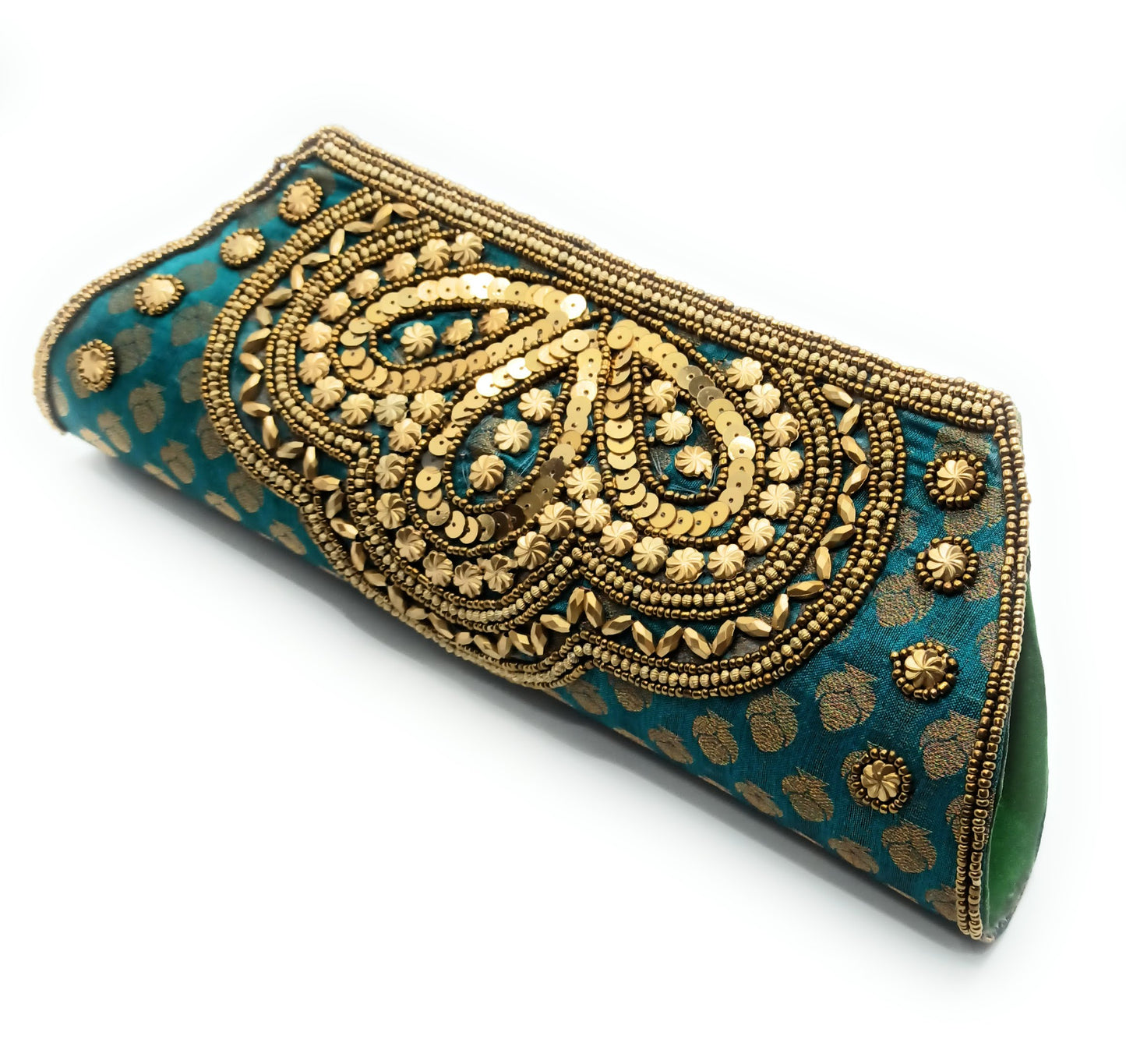 Cartera De Mano Bolso Fiesta · Artesanía étnica bordada, Trapecio Esmeralda - Asa Largo (últimas unidades!)