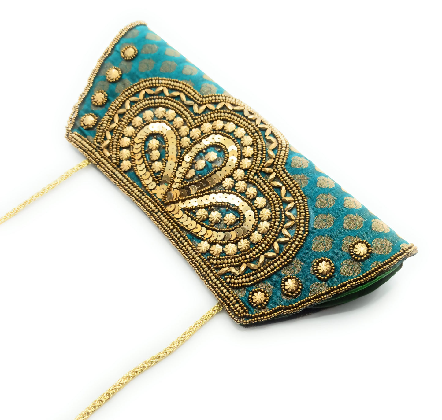 Cartera De Mano Bolso Fiesta · Artesanía étnica bordada, Trapecio Esmeralda - Asa Largo (últimas unidades!)