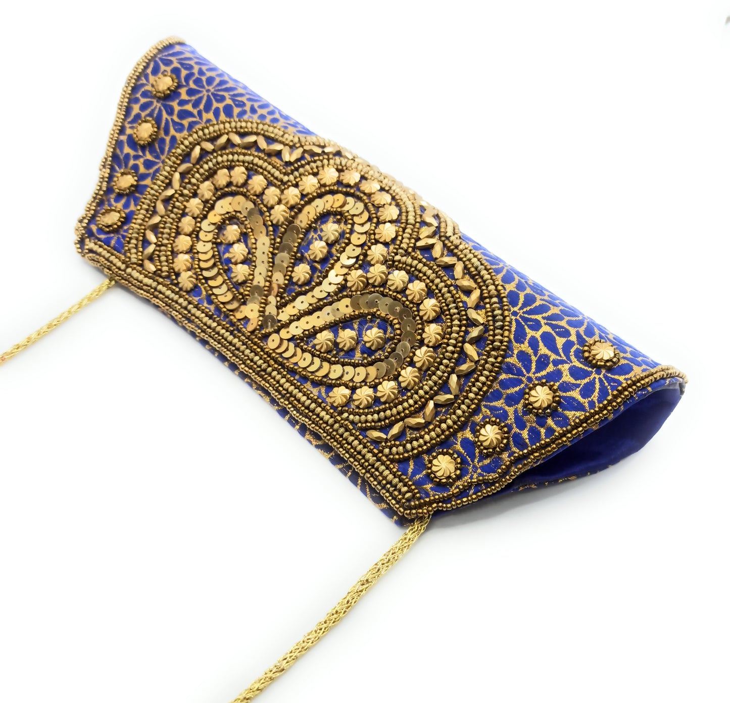 Cartera De Mano Bolso Fiesta · Artesanía étnica bordada, Trapecio Azul - Asa Largo