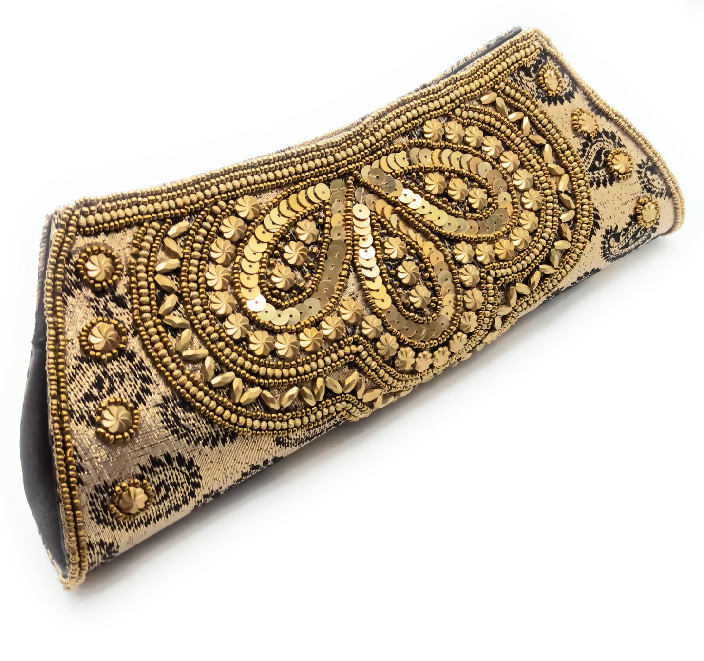 Cartera De Mano Bolso Fiesta · Artesanía étnica bordada, Trapecio Oro - Asa Corto