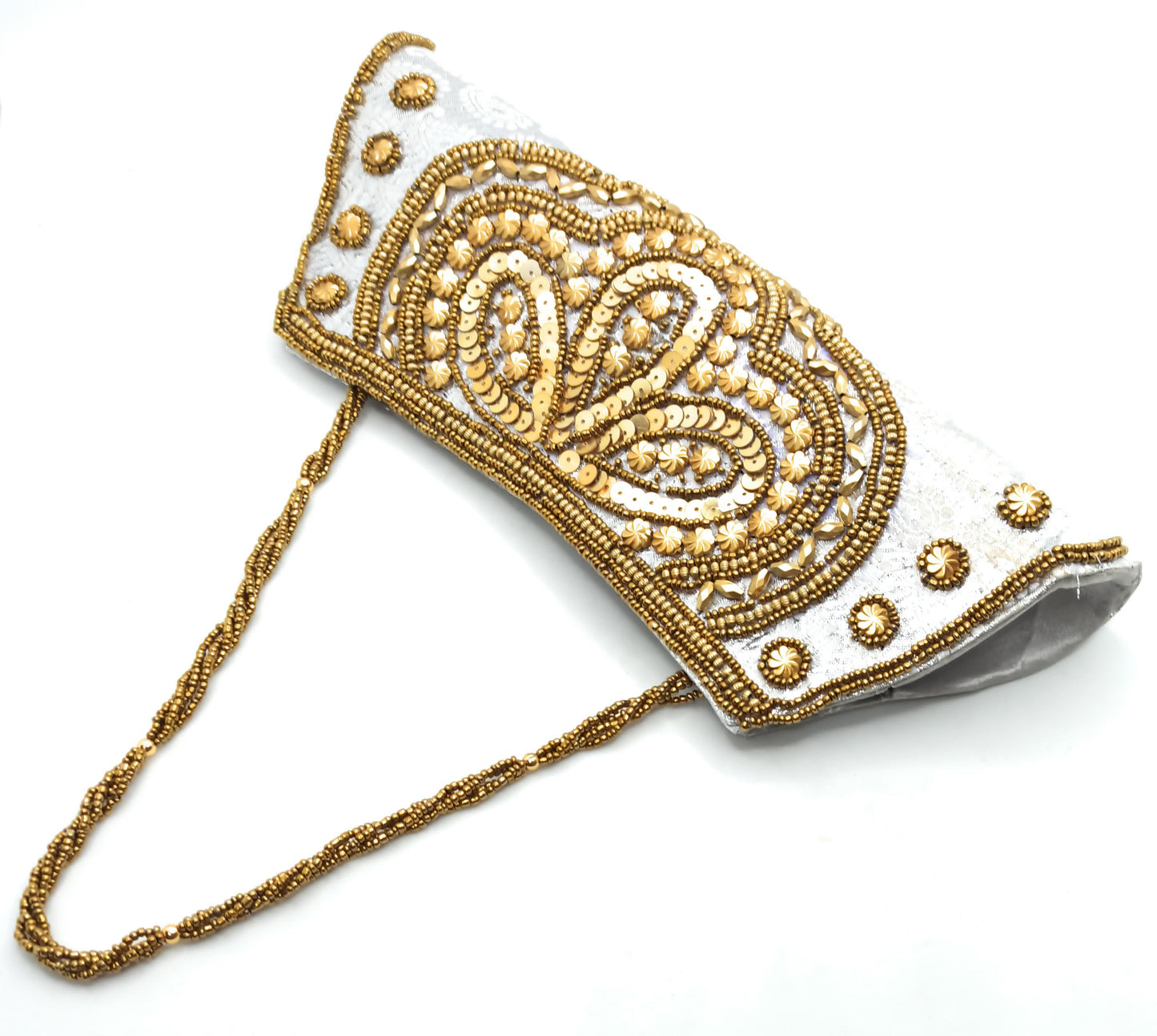 Cartera De Mano Bolso Fiesta · Artesanía étnica bordada, Trapecio Plata - Asa Corto (última unidad!)