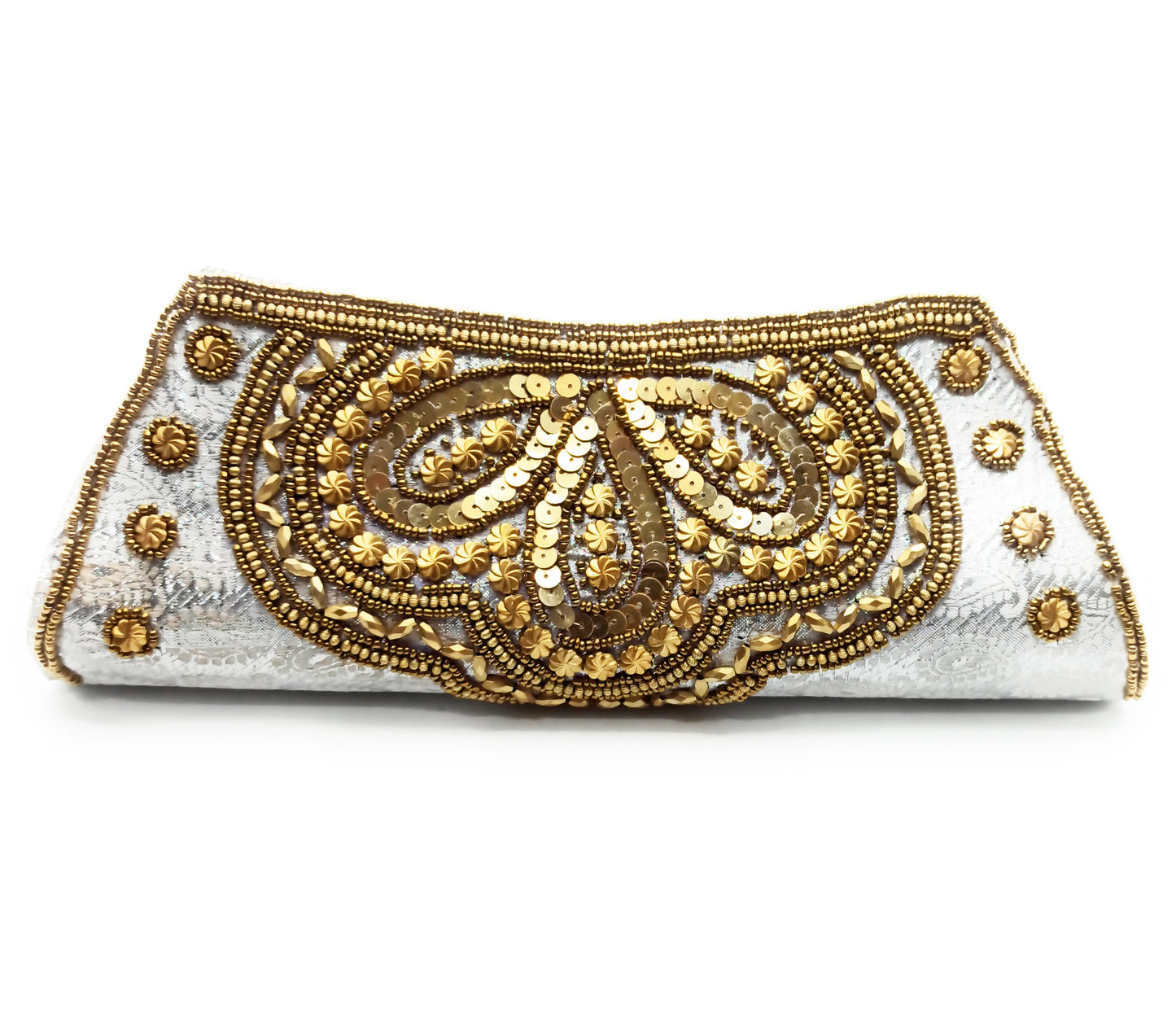 Cartera De Mano Bolso Fiesta · Artesanía étnica bordada, Trapecio Plata - Asa Corto (última unidad!)