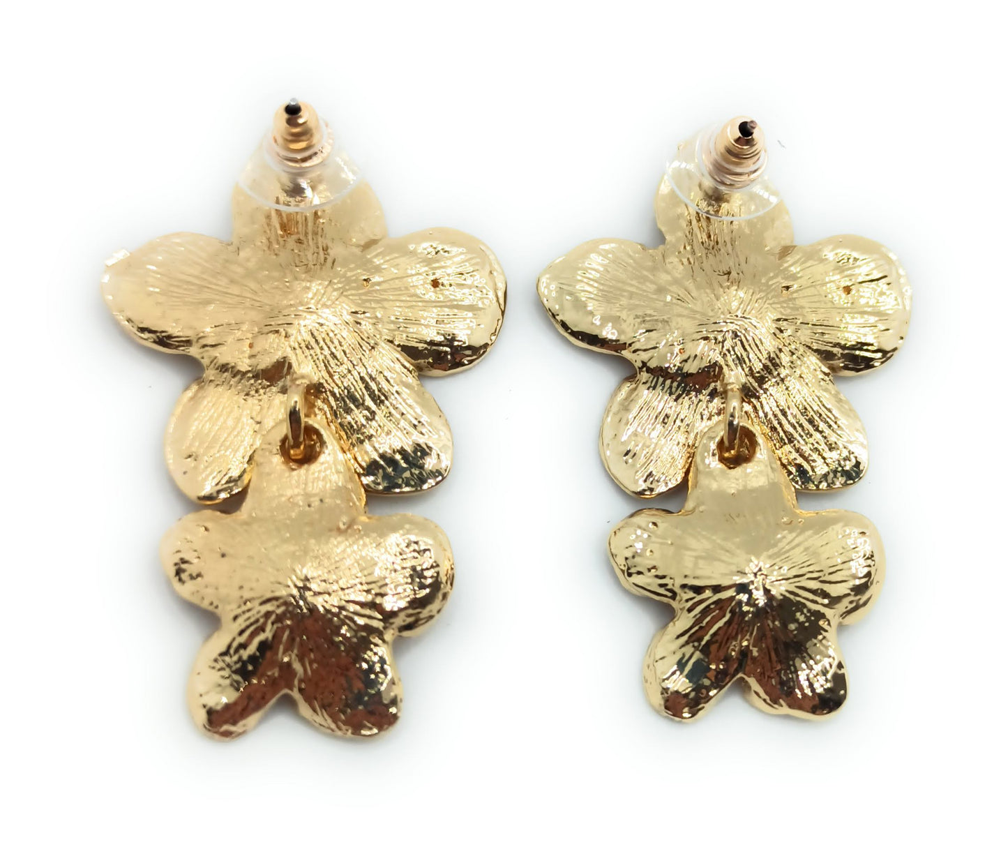 Pendientes Largos Dorados · Doble Flor Oro Brillo