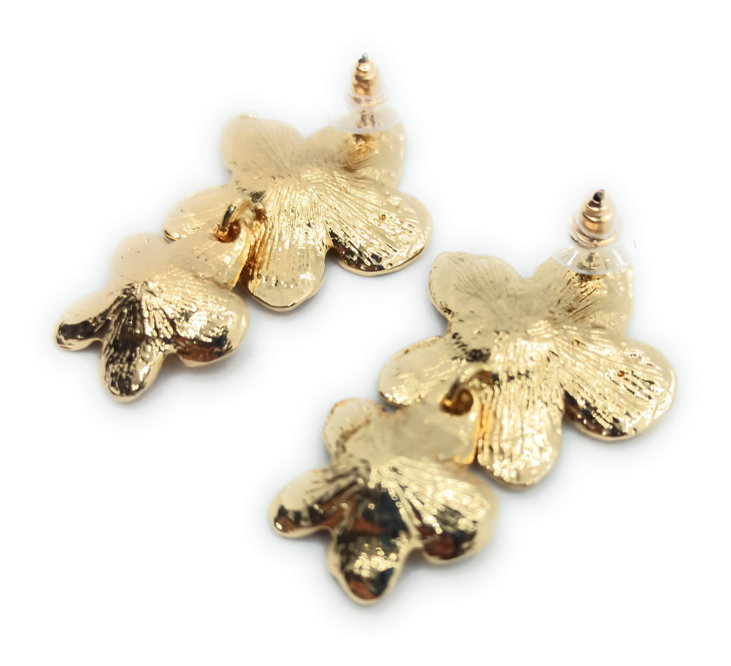 Pendientes Largos Dorados · Doble Flor Oro Brillo