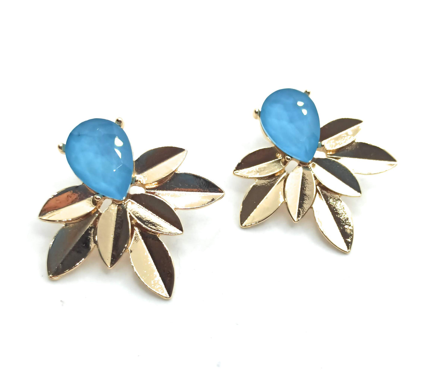 Pendientes Dorados con Cristal · Oro Hojas Laureles Celeste