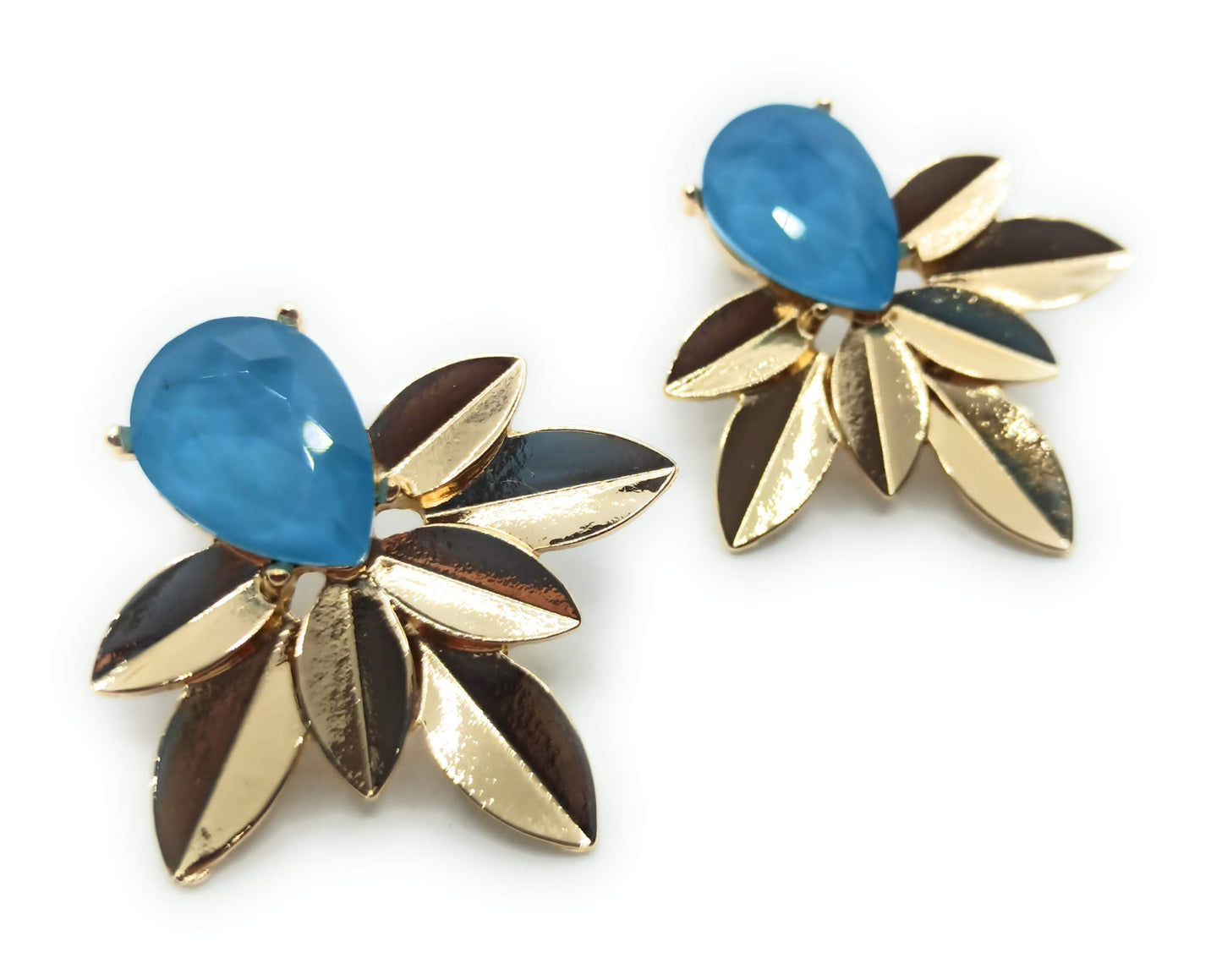 Pendientes Dorados con Cristal · Oro Hojas Laureles Celeste