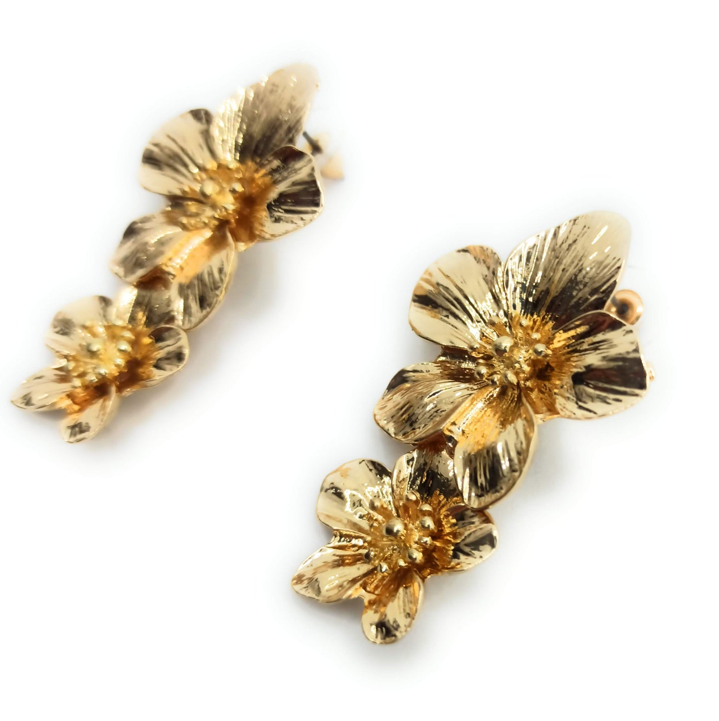 Pendientes Largos Dorados · Doble Flor Oro Brillo