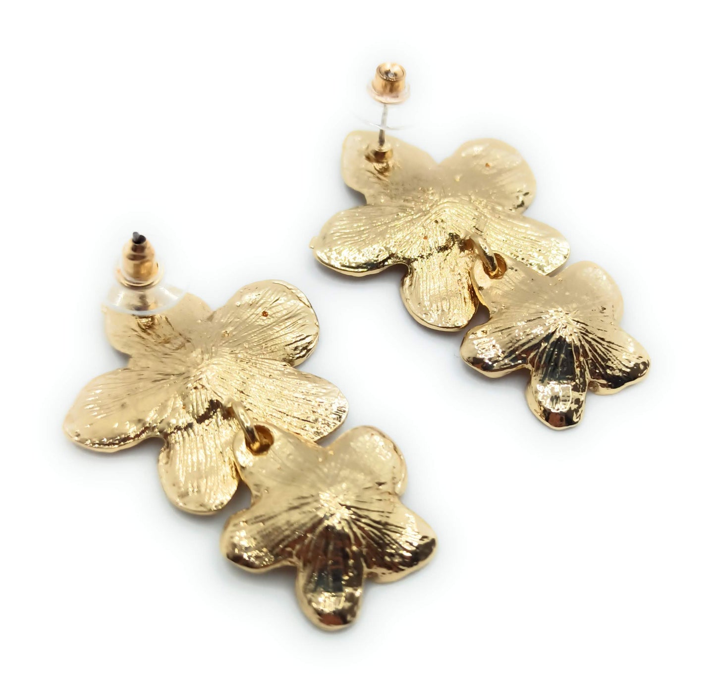 Pendientes Largos Dorados · Doble Flor Oro Brillo