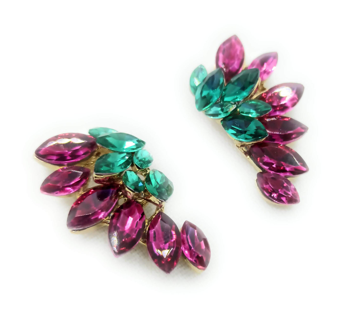 Pendientes Cristales Brillantes · Fucsia Verde, Oro