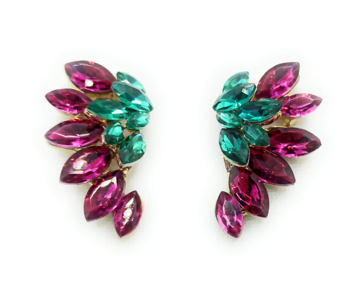 Pendientes Cristales Brillantes · Fucsia Verde, Oro