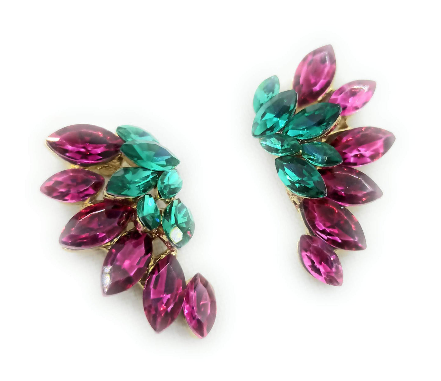 Pendientes Cristales Brillantes · Fucsia Verde, Oro