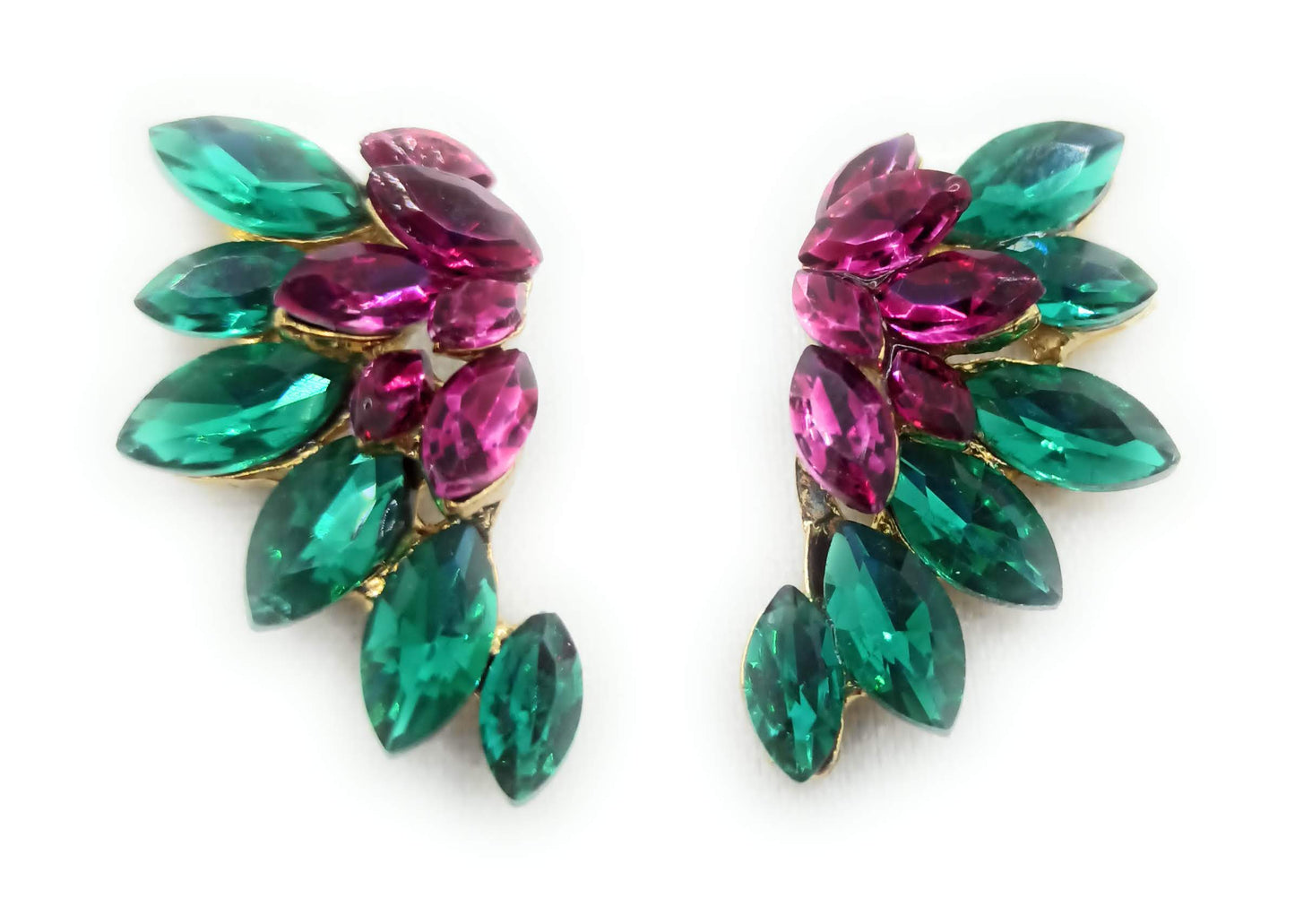 Pendientes Cristales Brillantes · Verde Fucsia, Oro