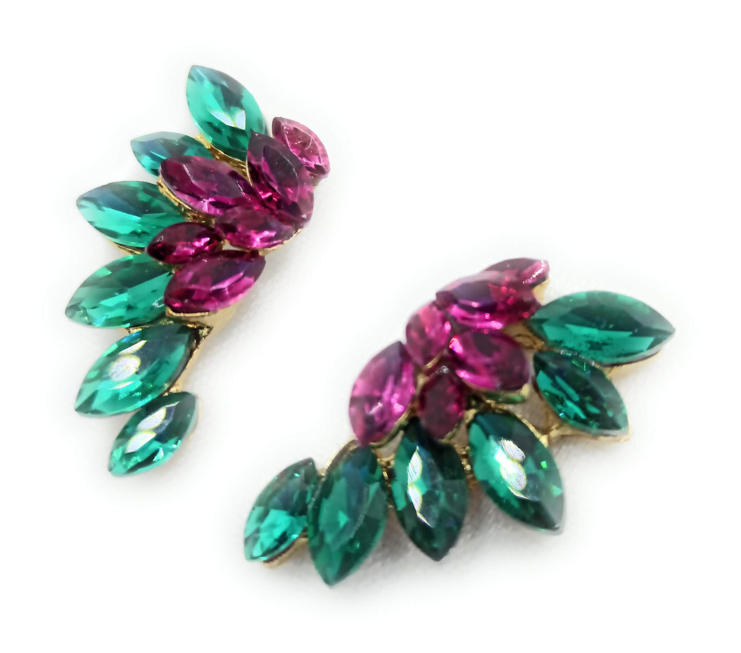 Pendientes Cristales Brillantes · Verde Fucsia, Oro