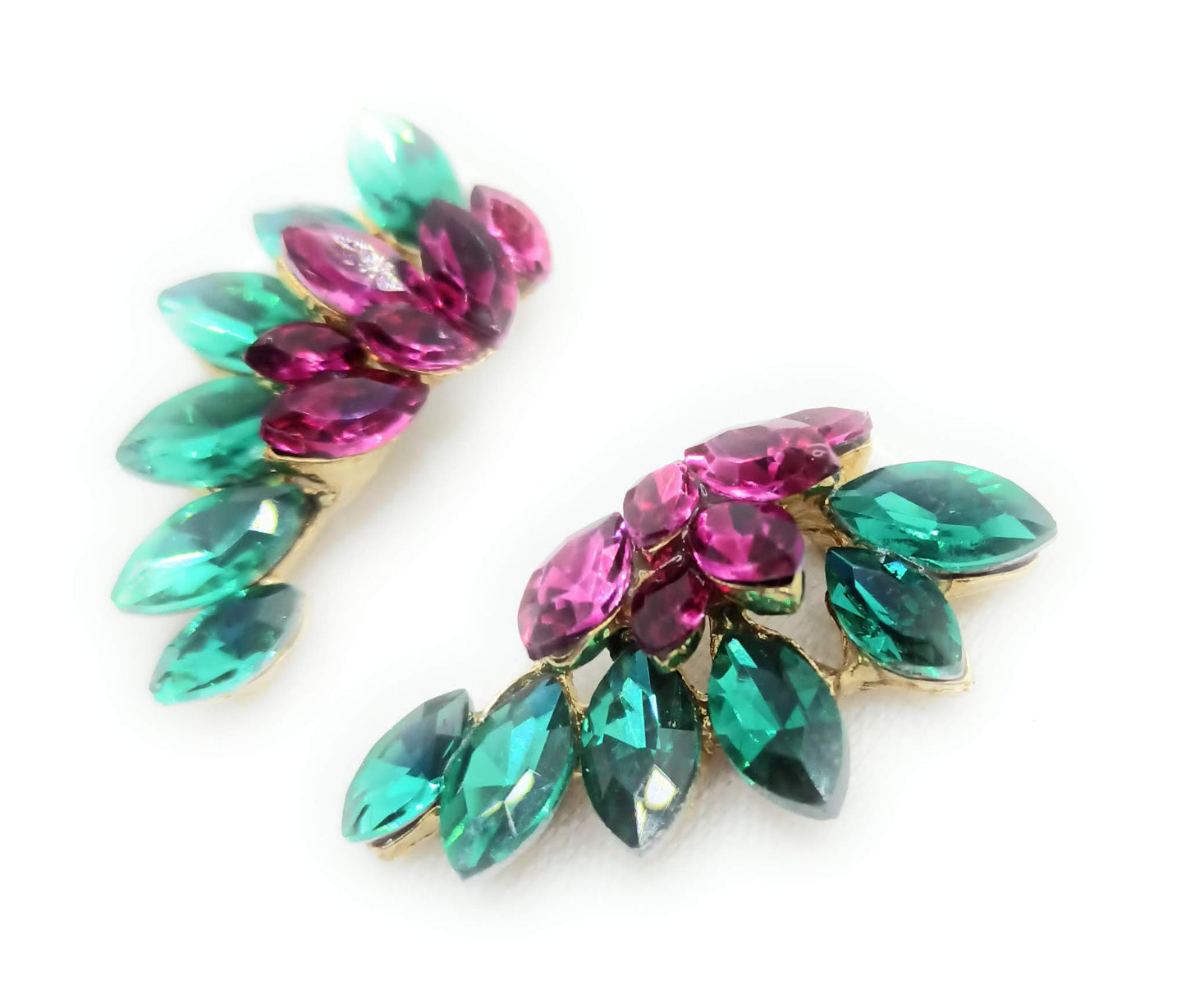 Pendientes Cristales Brillantes · Verde Fucsia, Oro