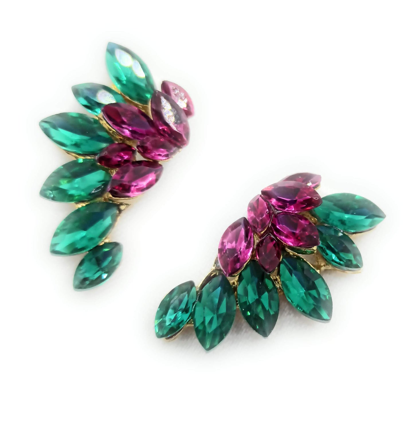 Pendientes Cristales Brillantes · Verde Fucsia, Oro