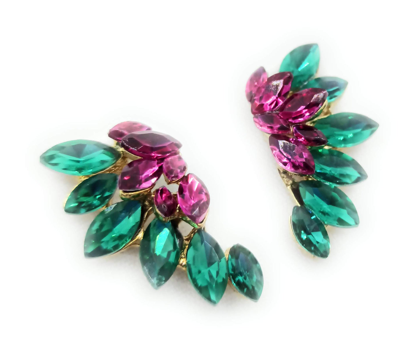 Pendientes Cristales Brillantes · Verde Fucsia, Oro