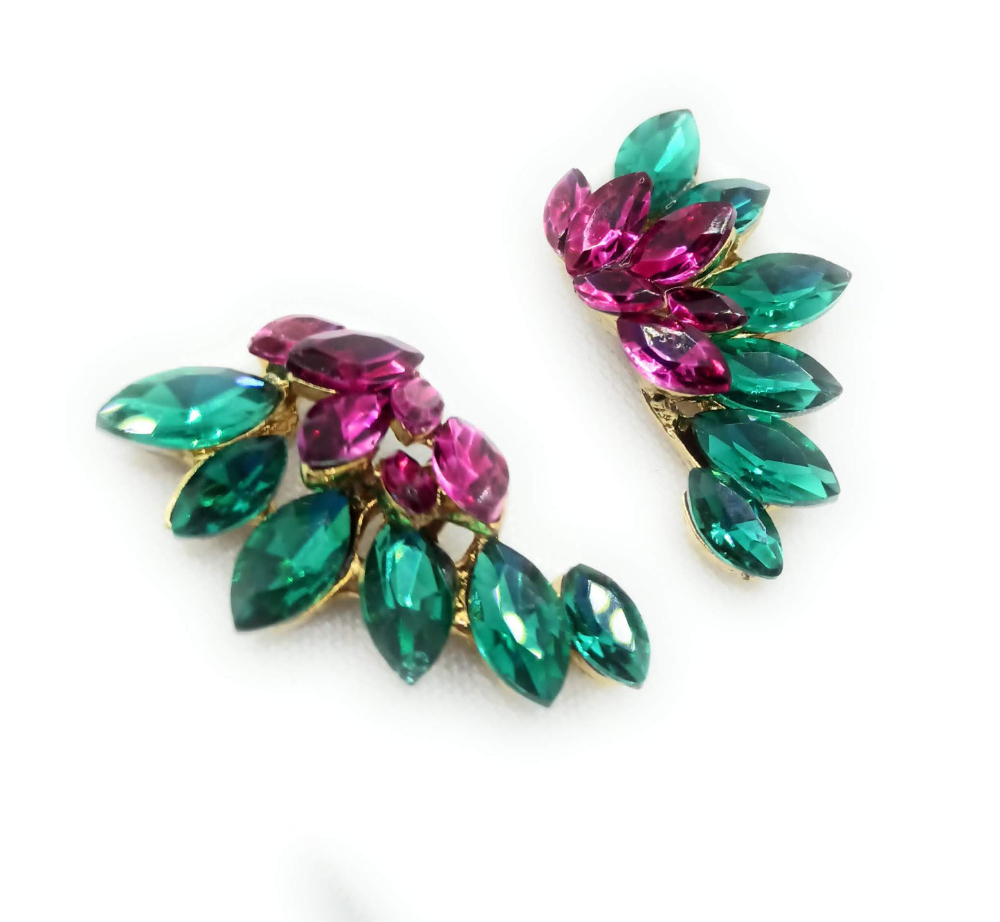 Pendientes Cristales Brillantes · Verde Fucsia, Oro