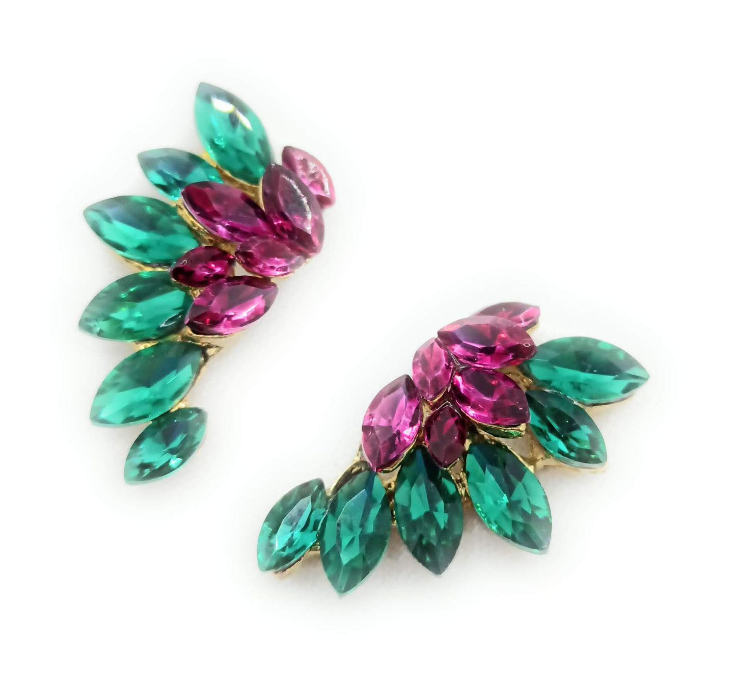 Pendientes Cristales Brillantes · Verde Fucsia, Oro