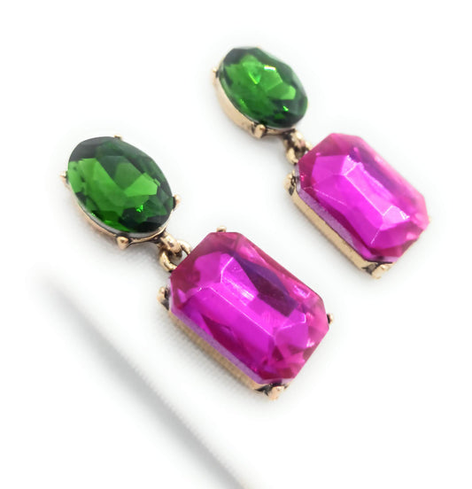 Pendientes Cristales Facetados Brillantes · Verde Bosque Fucsia