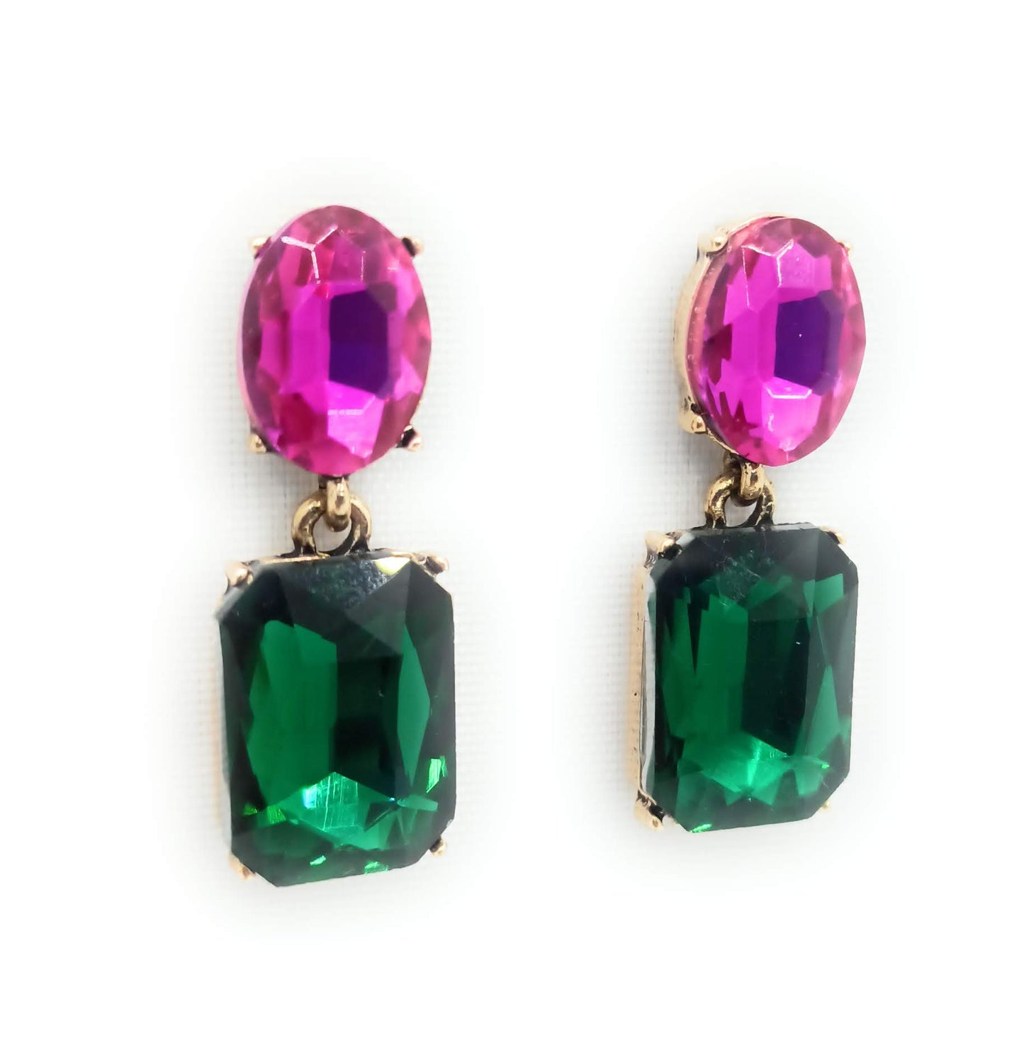 Pendientes Cristales Facetados Brillantes · Fucsia Verde