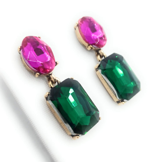 Pendientes Cristales Facetados Brillantes · Fucsia Verde