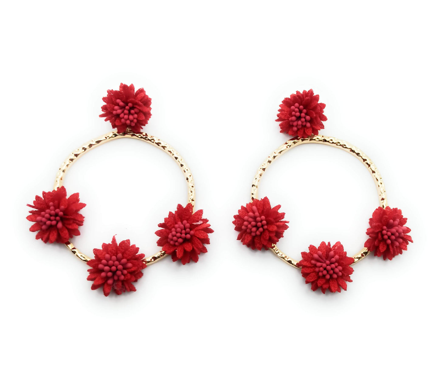 Pendientes flamenca mujer grandes aro dorado con flores tipo clavel, pendientes largos para Feria de Abril, Rocío, bodas, comuniones y eventos, accesorios elegantes de fiesta