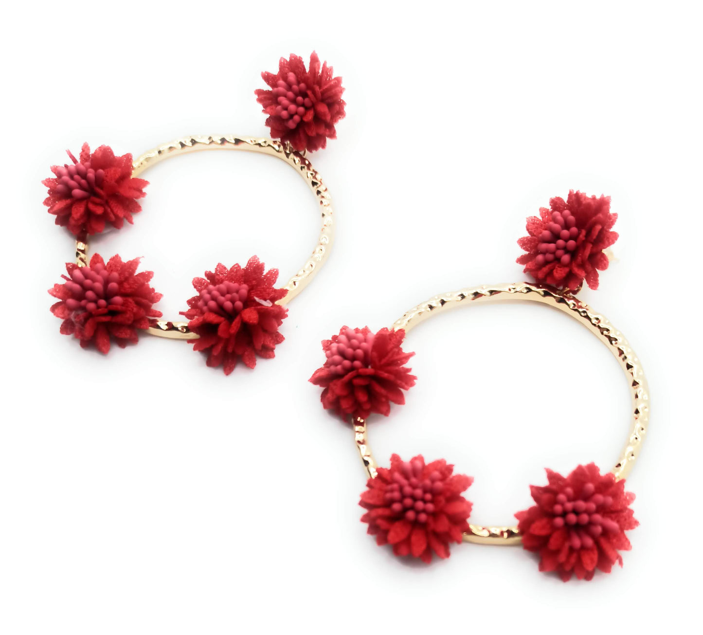 Pendientes largos aro dorado con claveles para mujer, estilo flamenca y fiesta
