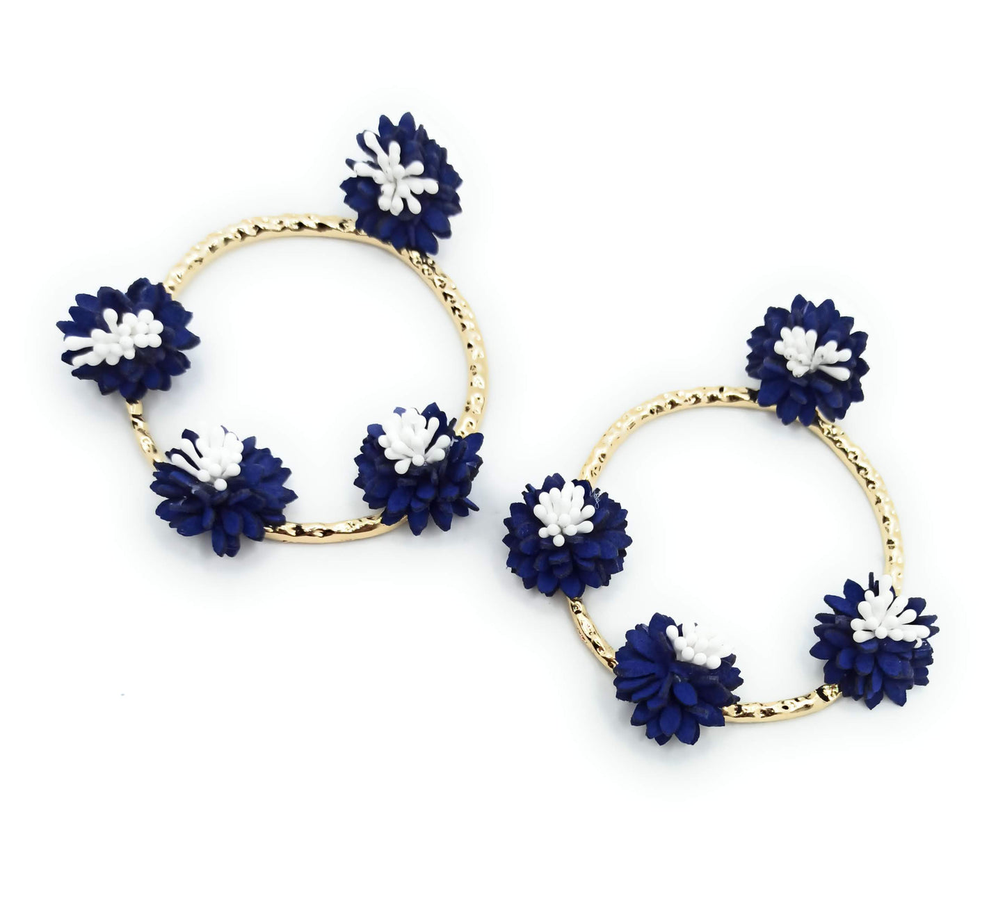 Pendientes flamenca dorado · Aro Flores Azul Blanco