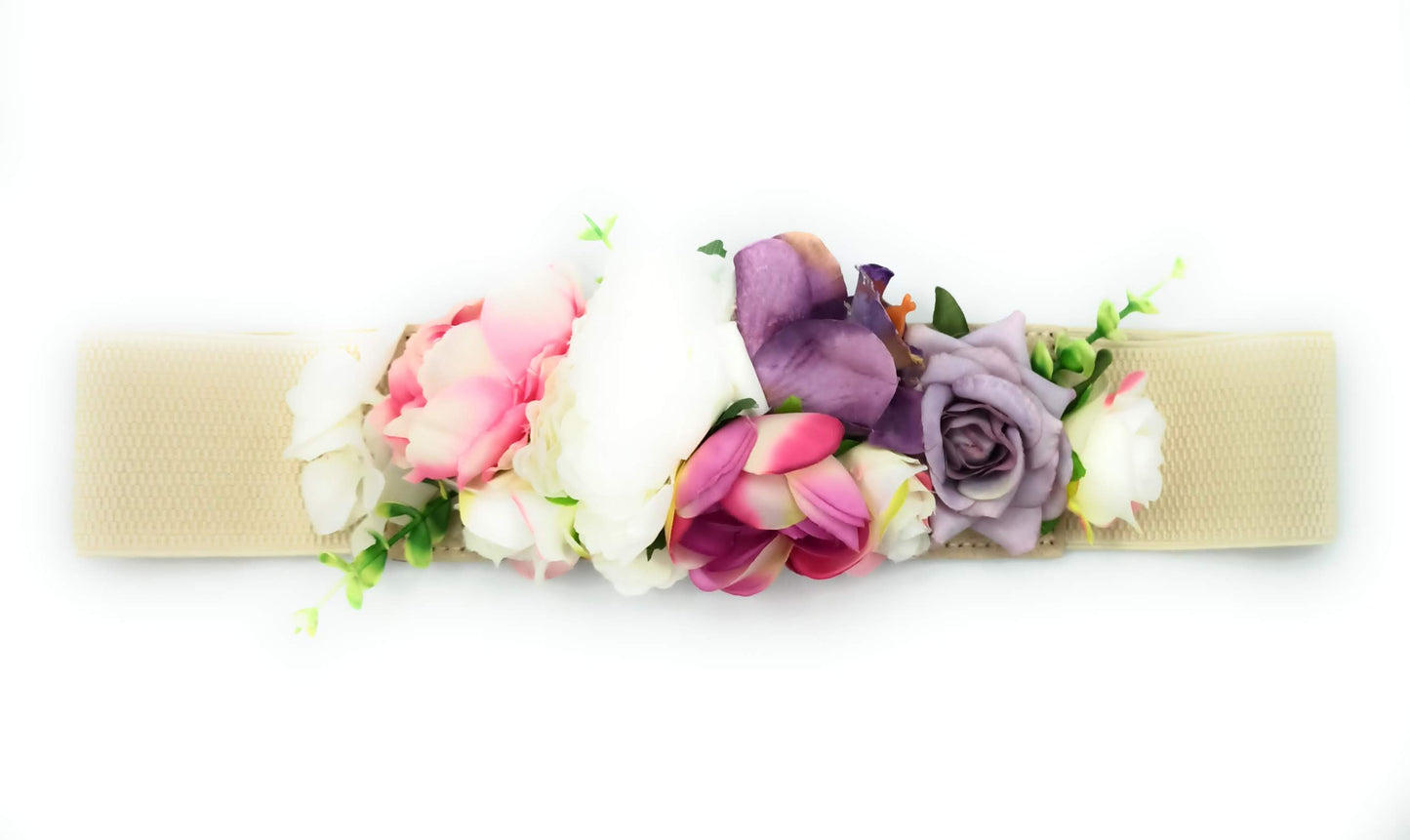 Cinturón de Flores · Cinta Beis, Flores Blancas Orquídea Morada