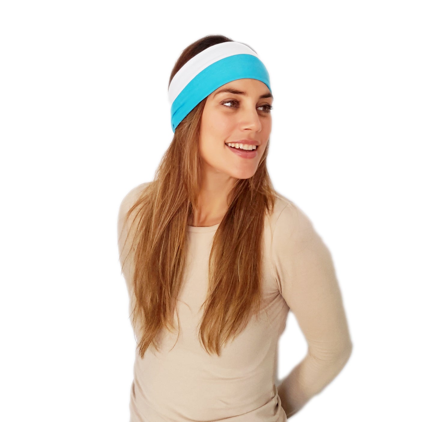 Cinta de Pelo Elástica con Nudo · Rayas Turquesa Blanco