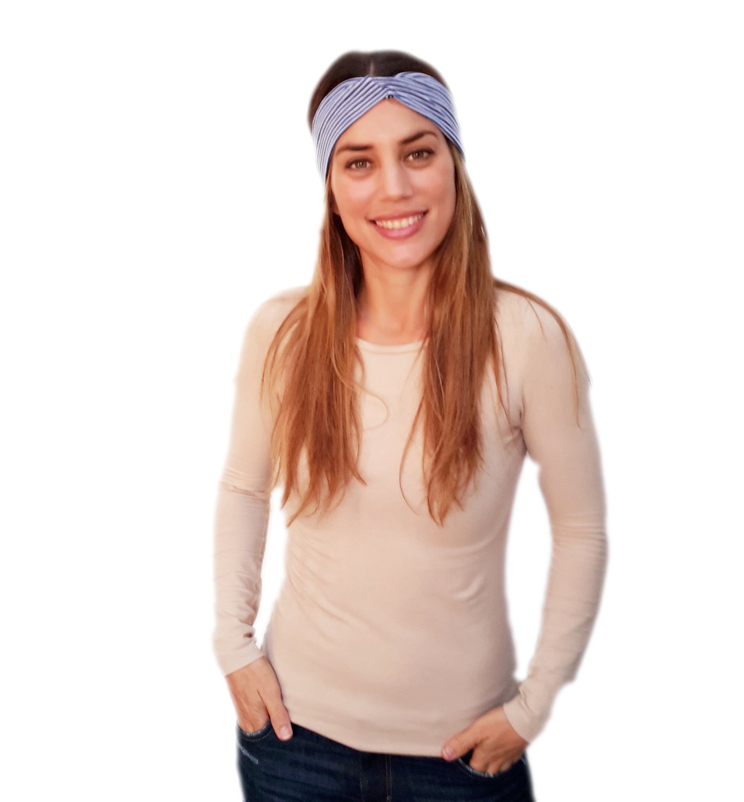 Cinta de Pelo Elástica con Nudo · Rayas Finas Azul Blanco