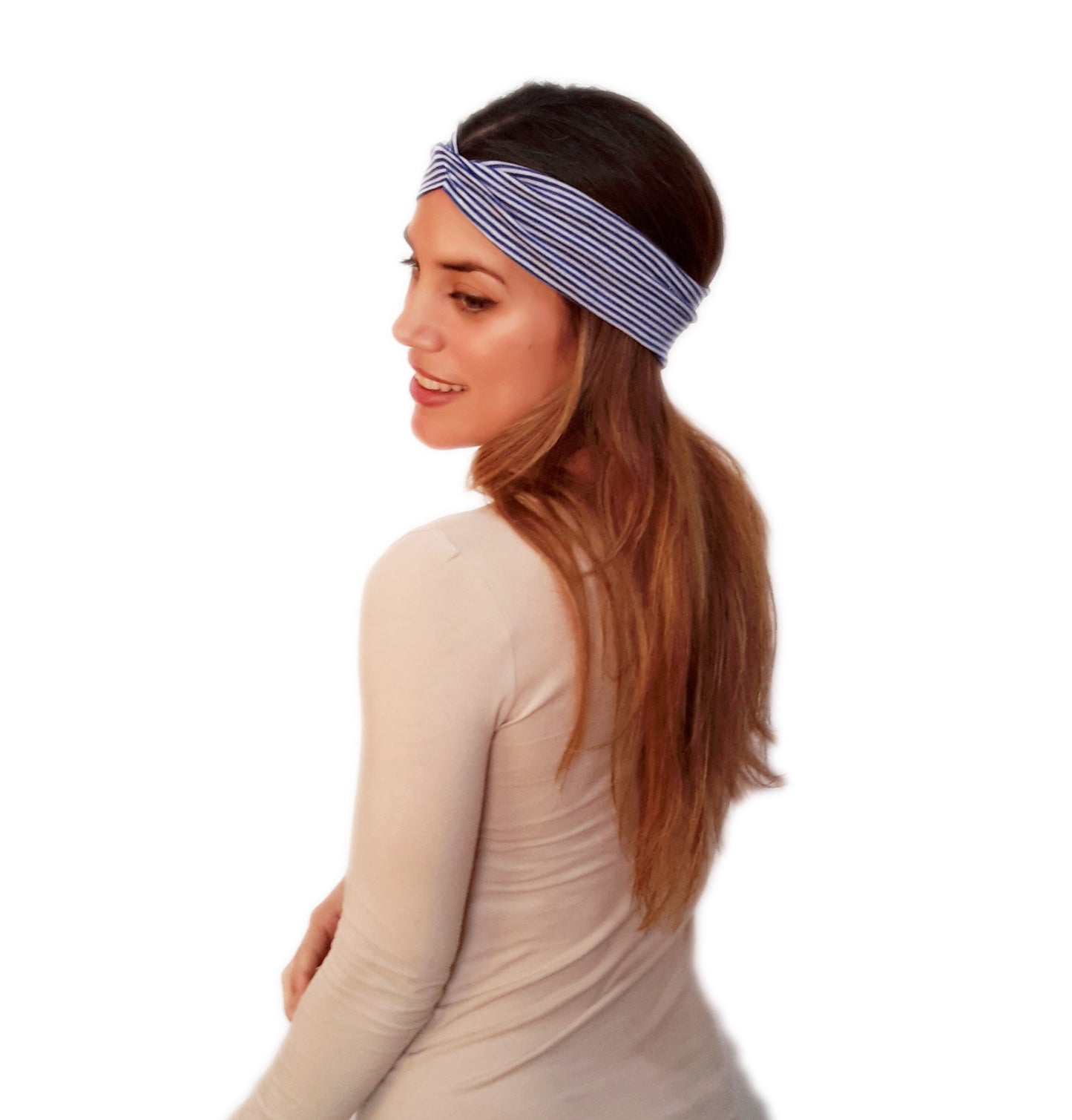Cinta de Pelo Elástica con Nudo · Rayas Finas Azul Blanco